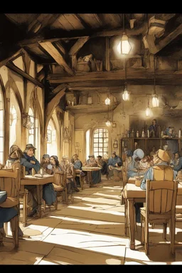 Night, shades of blue, dark, moonlight Lots of People sitting around tables in a medieval tavern with a stone floor, add people to the chairs. Night time, dark, stars