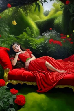 Oil painting Princess lying in the middle of a garden On a sofa and a red cover that covers her body from below only