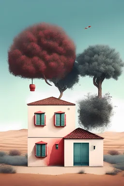 Simple House , 3 windows on it , 2 trees of Pomegranate next it , tank of water on the above