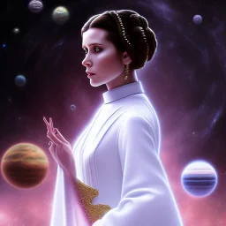 model shoot style, digital art zoomed out portrait of (Princess Leia) ((dressed in white and off white gown)), surrounded by 100 planets, ultra-detailed, ultra quality, illustration, eerie atmosphere, 8k, cinematic lighting