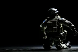 toy soldier military operation apocolypse looking away from camera to right corner black floor black blackground