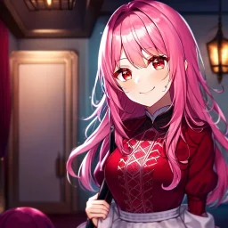 girl, masterpiece, best quality, cinematic lighting, detailed outfit, perfect eyes, pink hair, vibrant red eyes, girl, nervous, smile, indoors, depth of field,