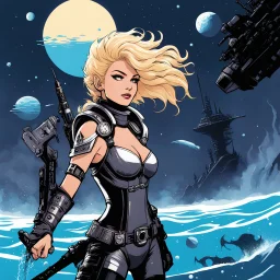 [illustration for wii No More Heroes style with thick lines] Barbarella, the fearless space adventurer, found herself on a water world unlike any she had encountered before. The world was a chaotic blend of Mad Max-style desolation and underwater wonders. As she descended into the depths of the ocean, she marveled at the eerie beauty surrounding her. The twisted remnants of a once-great civilization lay scattered on the ocean floor, a stark reminder of the world's turbulent past.
