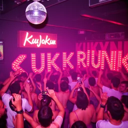 MR Kukrunk MC is Benny, and "DJ Roy" in a disco, dancing, "Kukrunk" on sign wall, disco light, strobe, disco ball, 1000 dancing people