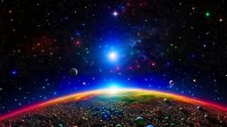The image presents a beautiful glimpse of the universe and its various components. In the background, we can see a sky filled with shimmering stars, indicating our immersion in the world of astronomy. In the foreground, a planet glows with its unique brilliance, and its details are clearly visible. The light of the stars and the planet appears in multiple colors, creating a enchanting scene that always reminds us of the beauty and magnificence of the cosmos and the significance of astronomy in u
