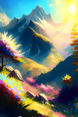 full light,highlight, trees, hill, day, sun day, an idyliic mountains with bright colorful flowers, mountains, sun,flower, paradise, realistic art, brush, pencil, detailed