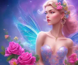 beautiful bright fairy portrait in a pink,blue, yellow flowers background