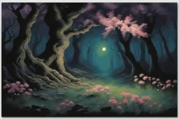 Night, trees, flowers, japanese manga style, horror gothic fantasy spring, rocks, friedrich eckenfelder impressionism paintings