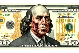 real looking twenty Dollar Bill with a rotting zombie portrait of Franklin on it, grainy photography, macabre