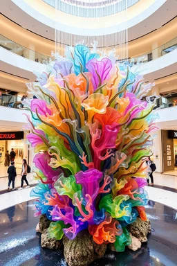 A large-scale kinetic coral reef sculpture in Nexus Mall, made of translucent resin materials, shifting in color and form as it responds to gentle motors, simulating ocean waves, set in the center of a shopping atrium with soft lighting."