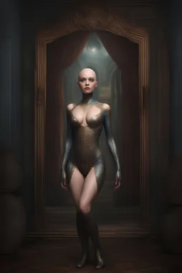 Head and shoulders image, A Science-Fantasy Heavy Metal Space Comedy in 3D - Once upon time in the fairytale village of liptilu there lived a tiny, thin, slender, little woman named Jezi Belle, a voluptuous beauty, wearing a skinsuit, inspired by all the works of art in the world, Absolute Reality, Reality engine, Realistic stock photo 1080p, 32k UHD, Hyper realistic, photorealistic, well-shaped, perfect figure, perfect face, laughing, a multicolored, watercolor stained, wall in the background,