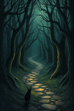 fantasy winding dark forest path with the path lit and animal in the darkness and cobwebs and little will o' wisps