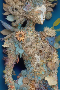 'Doll Parts" depicts a statue at Burning Man consisting of mismatched doll parts decorated with intricately detailed quilling consisting of flowers, foliage, feathers, shells, fossils, wood, pinecones, and gemstones; surrealism; Salvador Dali; Mixed media, quilling, rapturous, award-winning, intricate, insanely detailed, elegant, fantasy