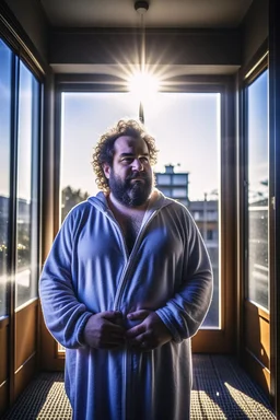 full figure shot photography of burly chubby turkish man 50 years old, at the windows in open bathrobe , bulge, hands behind the head, emotive eyes, long beard, manly chest, curly hair, sharp focus, backlit, harsh overhead sunlight, ambient occlusion , photorealistic , frontal view