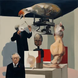 UN conference,a cat and human flesh-like surgical instruments and universe-like a pigeon and neuralink, surrealism,minimalism,Painting By Adrian Ghenie, Rene Magritte, Salvador Dali, Lucian Freud