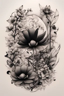 Create a captivating modern 2d black ink tattoo design for print , prestigious botanic using the elegant influences of japan art style, for print, dynamic elements from fashion and design, and bold Japanese contemporary art aesthetics, framing centered in the center, distanced from the edges of the paper perimeter,