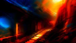 digital painting, Coming down the tunnel ramp, the warmth of the blues crackles., intense dark chestnut brown, burnt sienna and soft cream color, redscale, red light leaks, warm, bright sunlight, bold and slim lines, brush strokes