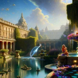 Hyperdetailed oil on canvas, young Rachel Weisz sits by the ornate fountain, goldfish pond, lotus, detailed face, long brown wavy hair; by gaspar camps, maxfield parrish, alphonse mucha, cyril rolando, dan mumford; luminous colorful sparkles, glitter, airbrush, octane render, volumetric lighting, 16k