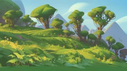 fantasy cartoon illustration: a green hill full of small shrubs