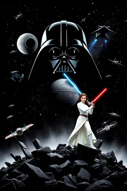 black background onto which the outline of darth vader, standing filled with stars nebula and the Death Star is large within, in front in poses from the original star wars posters is Luke Skywalker with lightsaber and Princess Leia Organa with laser pistol both in white clothing atop crumbling stone and starship parts, the millenium falcon and x-wing fighters and tie-fighters flying among the stars, do not show darth vader's face