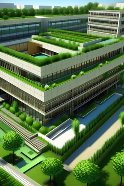 Help me create a health clinic with a maximum of 2 stories high with a patio in the center, a sloping roof, with a body of water around these buildings. With vegetation just like the surrounding with fountains in these green areas, and brise soleil, NO GREEN ROOFS