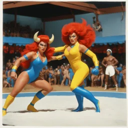 (1960’s stop-motion animation style of las reinas del combate en el suelo in Mexico) Two fierce rivals, one woman with fiery red hair clad in a bold yellow swimsuit, a bull guy in striking blue, engage in a brutal and exhausting battle on the mat. Each move they make is crucial, every shift in advantage a dance between victory and defeat.