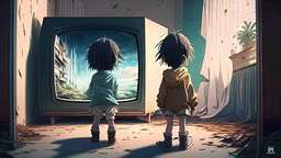 A child trying to enter another parallel world on TV in the form of a professional quality anime