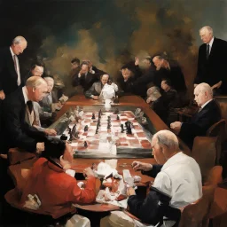 Putin, President Xi Of China And Joe Biden Play Chess With Atomic Bomb Mushroom Cloud,Complex Surgical Instruments Intermixed With A Newborn Boy,Minimalism,Painting By Adrian Ghenie,Rene Magritte,Pablo Picasso,Michelangelo,Salvador Dali,Lucian Freud