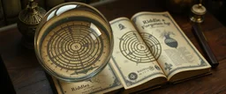 map of labyrinth contained in a glass ball with elemental sigils and symbols on a table beside a book called Riddles of a Forgotten Age with weird illustrations