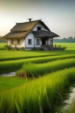 Rumah di desa dekat sawah dengan angin semilir