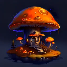 Wonderful spotless mushroom house in space. Floating Island in space. Black, navy blue and tangerine colored. fine detail oil painting photo realistic hyper detailed perfect composition trending on artstation.