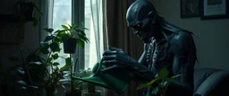 A terrifying black-charred vampire quietly watering a collection of ordinary houseplants in a small, slightly cluttered apartment at midnight. The vampire looks ancient and horrifying, its entire body blackened and fire-scorched, cracked charcoal-like skin with faint ember-red glow deep inside the fissures, soot-covered hands, pale unnatural eyes, burned and tattered clothing, traces of ash resting on its shoulders. It holds a small green watering can with careful, gentle precision, completely a