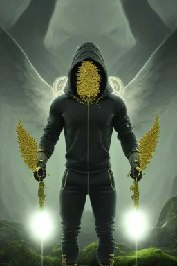 running berserker portrait , no face, black jogging suite , in the night Alps , holding coins , angels background, volumetric gold light, high detail, dark leaf tree, dark mountains in background, perfect, HR Giger style