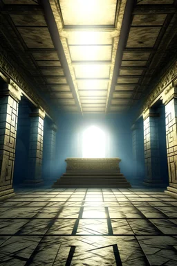 underground temple room with a square tunnel opening in the ceiling, door on one wall, two point perspective, fantasy style.