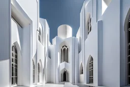 Step into a world of architectural wonder with a building inspired by Ricardo Bofill's red wall, featuring a stunning white facade and a multitude of arches, Filled with people dressed in white robes. architectural photography, insanely detailed,high resolution photography,