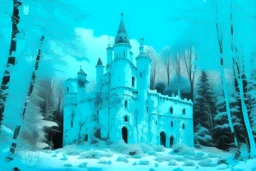 A cyan castle in a winter forest with falling snowflakes painted by Andy Warhol