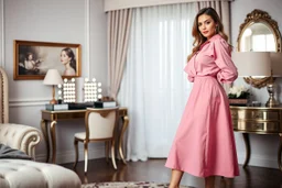 very beautiful lady with beautiful pink midi skirt and blouse standing in a luxury bedroom with high heels next to makeup desk looking to camera