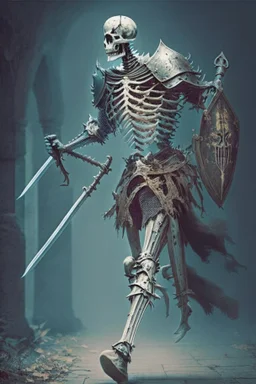 medieval knight walking dramatically forward, sword in hand. A skeleton on his back.