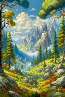 landscape in the style of oga kazuo, trees, forests, meadows, rocks, mountains, painting, artistic, detailed, beautiful, Cinematic.