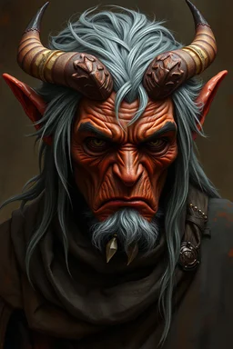 Tiefling with burnt umber skin and grey hair