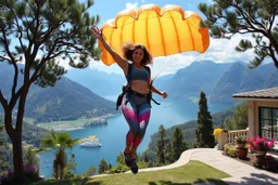 very beautiful lady with beautiful sports pant and top and sports shoes with curvy hair with a parachute flying in a nice villa yard with trees flowers ,in country side in floor of beautiful mountains ,sea with ships ,water falls ,looking at camera