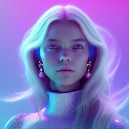 A portrait of a crystalised beautifull girl,smiling, laughting, white longs hairs, atmospheric, realistic,, cinematic lighting, octane render,, pink turquoise light, blue eyes nice