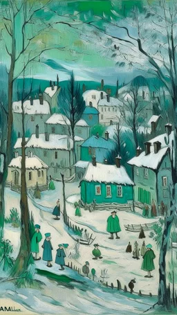 A bluish green Christmas themed village painted by Paul Cezanne