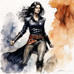 Create an ink wash and watercolor of an epic fantasy Lankhmar female thief character, slim in stature, with shoulder length hair, finely lined and detailed facial features, in an fur collared leather doublet and breeches , a short oriental cloth belt at the waist, stealthy soft leather slippers, , in the comic book style of Bill Sienkiewicz, Howard Chaykin, Mike Mignola, Philippe Druillet, and Jean Giraud Moebius, precisely drawn, colored and inked,