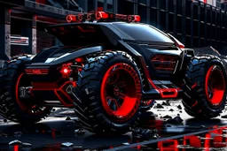 a super futuristic car, for all terrain, pickup fashion, black and red colors, big wheels, stay on street full of zombies
