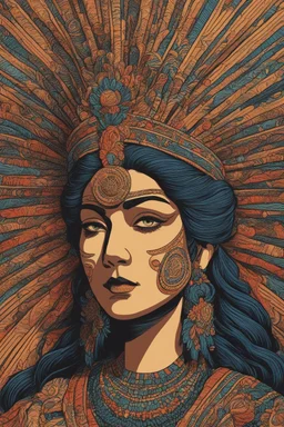 museum quality color woodcut of an ancient an Aztec queen with highly detailed hair and facial features , in the style of Gustave Baumann, with a fine art aesthetic, highly detailed, finely cut ,8k render,