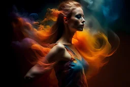she is a gorgeous woman-like being created out smoke ((she is coming out of a sunset mist), smoke dances around the character, by Vladimir Matyukhin, RAW, intricate, vibrant colors, (((facing viewer)))