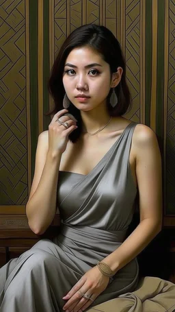 (((Nang Kwak))) is a Thai woman, beautiful face, wearing a loincloth. wear jewelry Hair styled in the traditional Dok Krathum style, sitting with a squat fold, left hand resting on the lap. There is a bag of money on the hand. Right hand raised in a calling gesture. Oil painting, realistic, wide angle,thai spirit