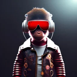 Monkey toddler, steampunk headphone, sunglass, gangsta neckless, full body, red leather jacket, tokio background, dramatic lighting, hyper realistic, unreal engine 5, 16k