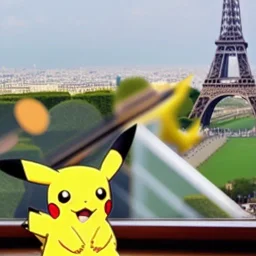 A pikachu fine dining with a view to the Eiffel Tower